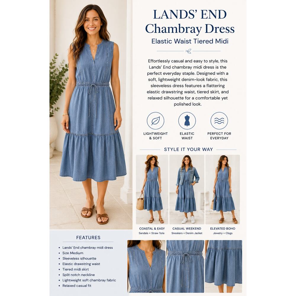 Lands End Chambray Dress Midi Tiered Elastic Waist Sleeveless Blue SZ M